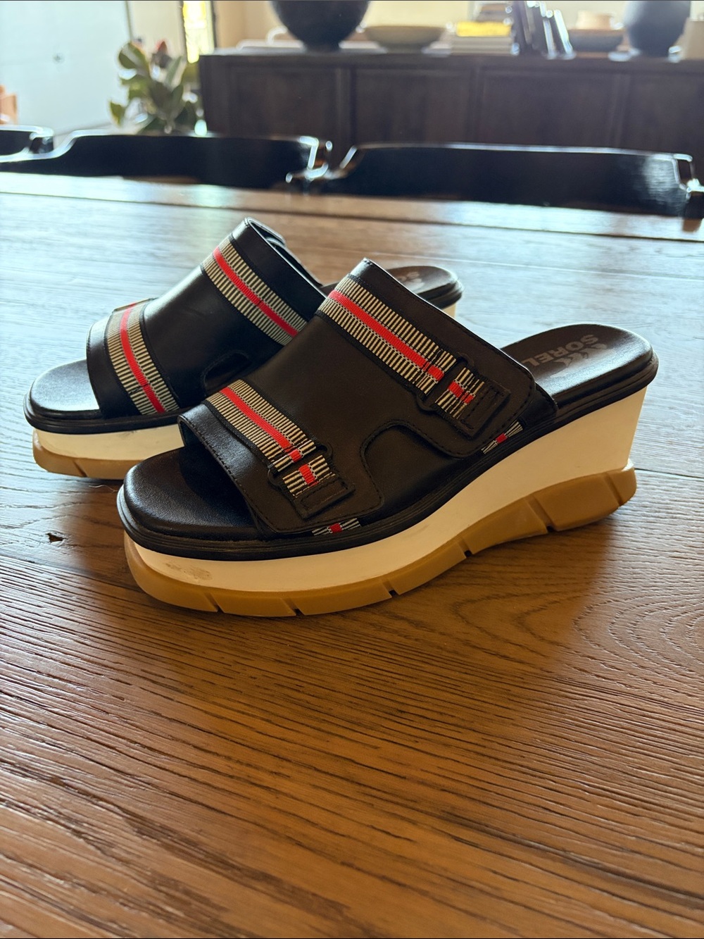 Sorel Black Leather Platform Slide Mules with Red and Gray Stripes
